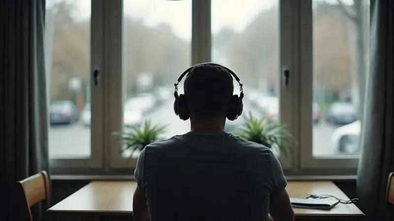 Mann mit Kopfhörern von hinten am Esstisch vor einem Laptop während einer Videokonferenz
