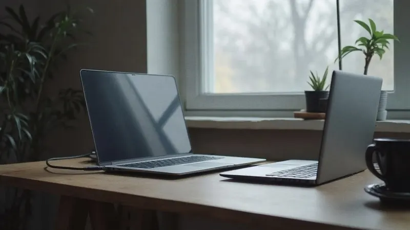 Privater und dienstlicher Laptop zugeklappt nebeneinander auf einem Schreibtisch zu Hause