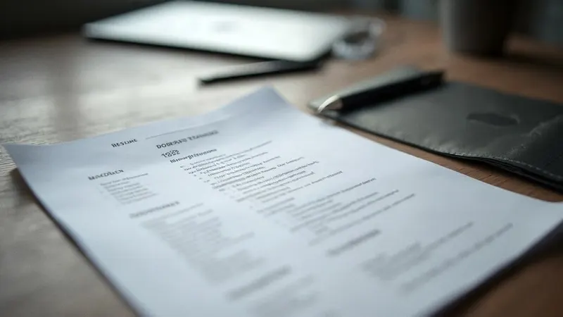 Ausgedruckter Lebenslauf schräg auf dem Schreibtisch, daneben Stift und zugeklappter Laptop