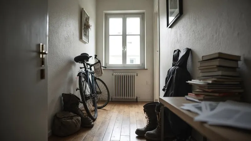 Flurecke mit Fahrrad, Wanderschuhen und Gitarrenkoffer neben einem Schreibtisch