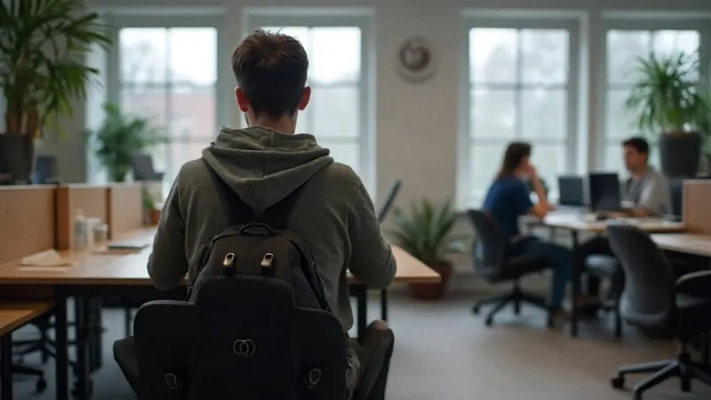 Werkstudent von hinten an einem Schreibtisch in einem kleinen Büro