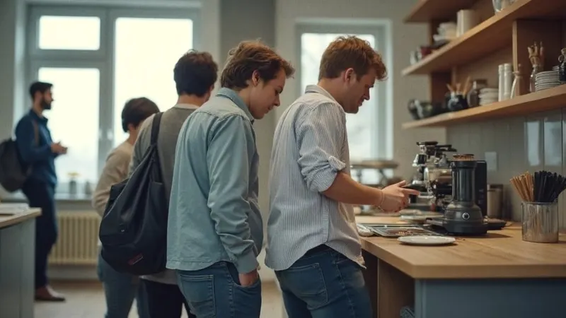Kollegen unterhalten sich in einer Büroküche, eine Person geht gerade