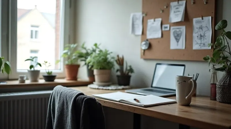 Arbeitsplatz eines Freelancers in der Wohnung mit Skizzenbuch und Tasse