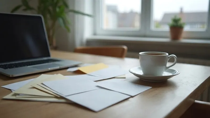 Küchentisch mit geöffneten Briefumschlägen, Papierstapel und zugeklapptem Laptop