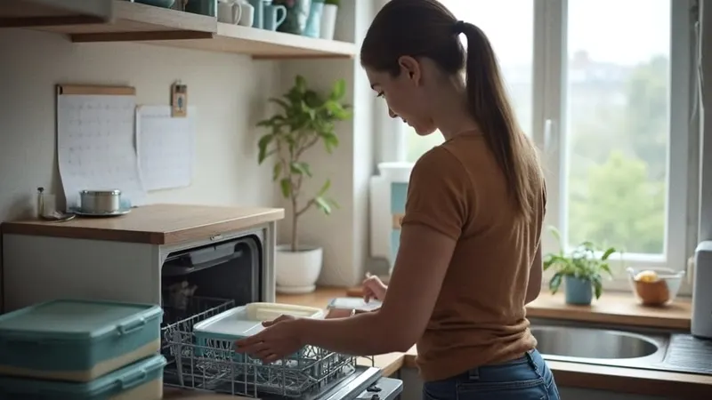 Küche einer Familienwohnung, eine junge Frau räumt die Spülmaschine aus