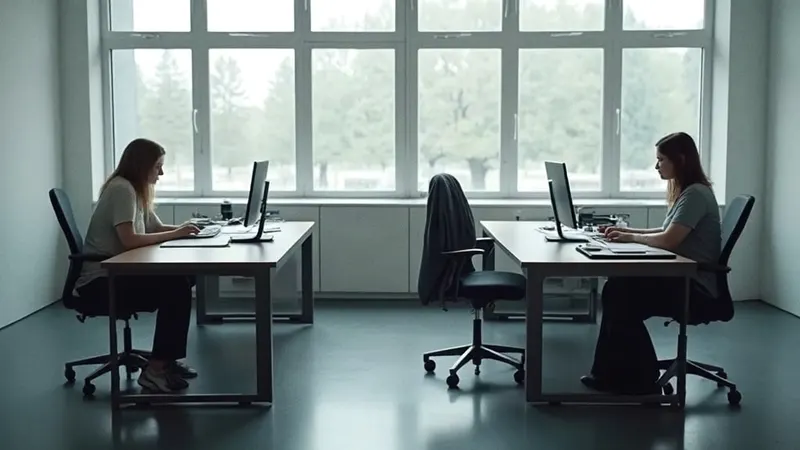 Zwei zusammengeschobene Schreibtische im Büro, eine Frau arbeitet von hinten gesehen