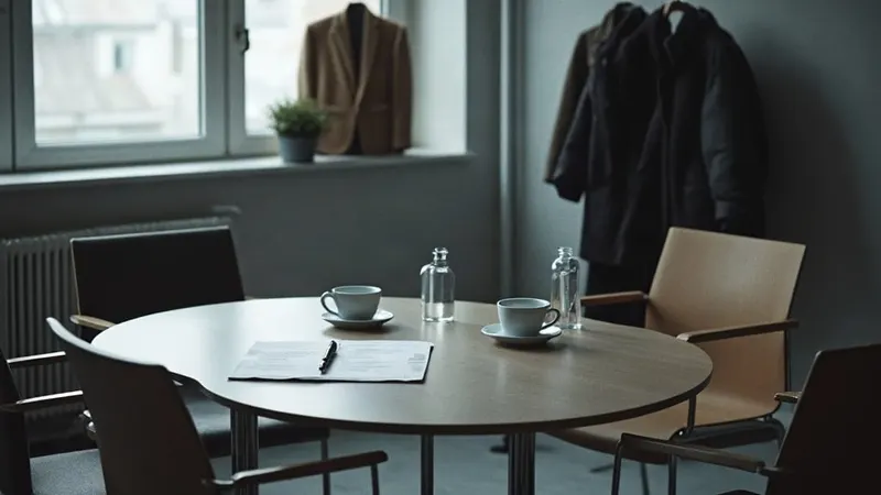 Besprechungstisch mit Dokument, Kugelschreiber und zwei Kaffeetassen zwischen leeren Stühlen