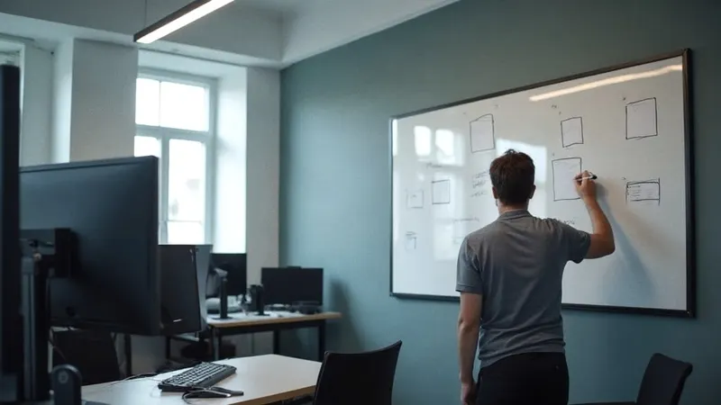 Büro für Softwareentwicklung, junge Auszubildende von hinten am Whiteboard