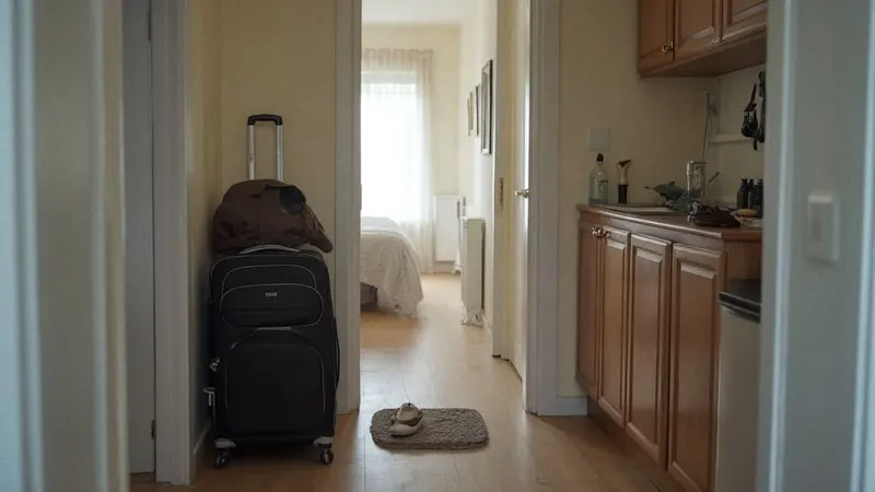 Gepackter Koffer und Jacke im Flur einer Wohnung neben der Haustür