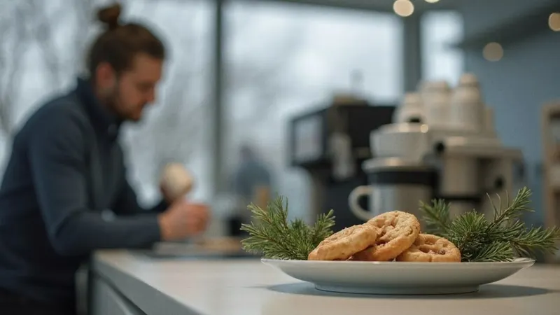 Büroküche im Dezember mit Plätzchen und Tannenzweig, eine Kollegin von hinten an der Kaffeemaschine