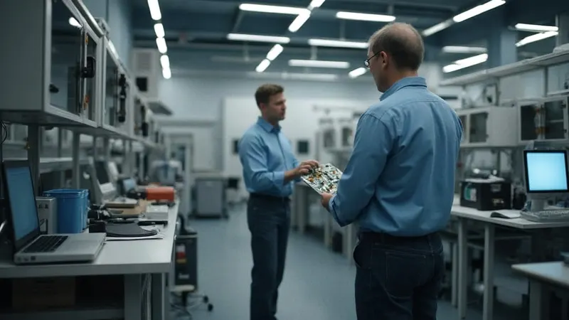 Technik-Labor mit Werkbänken und Messgeräten, zwei Ingenieure von hinten