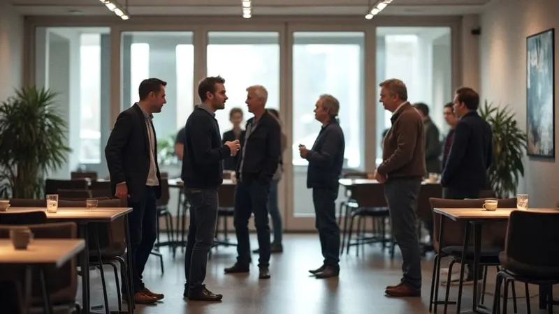Kleine Gesprächsgruppen an Stehtischen im Foyer eines Bürogebäudes