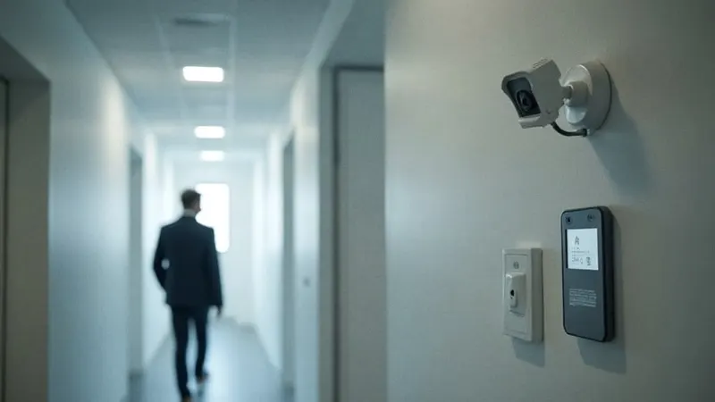 Bürogang mit Überwachungskamera an der Decke und Kartenleser an der Tür