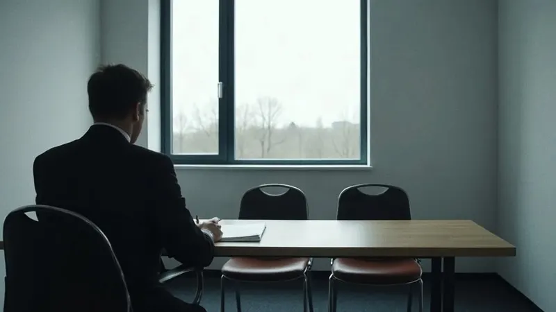 Mann von hinten wartet in einem kleinen Besprechungsraum mit Tisch und Mappe