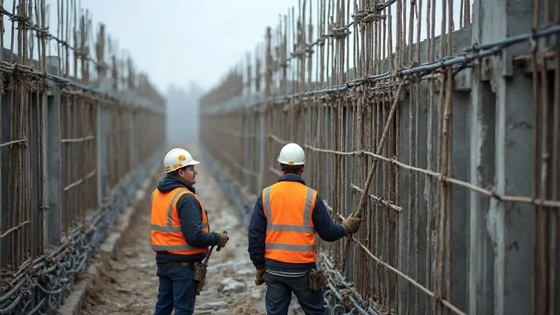 Baustelle mit Bewehrungsstahl und Schalung, zwei Bauarbeiter in Warnwesten von hinten bei der Arbeit