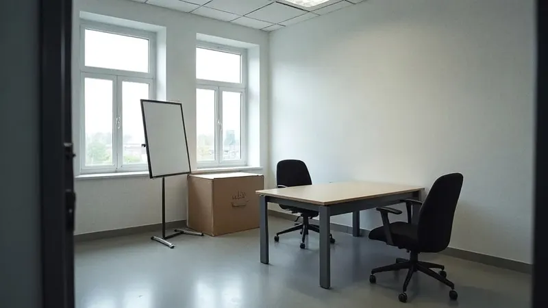 Kleines leeres Büro mit Umzugskartons, Schreibtisch und Stühlen vor dem Start in die Selbstständigkeit