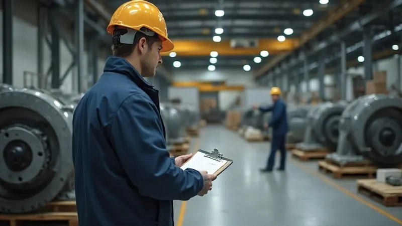 Industriehalle mit verpackten Maschinenteilen, ein Ingenieur mit Helm prüft seitlich gesehen Unterlagen