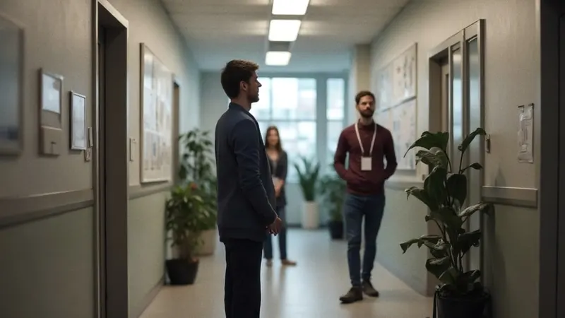 Bürogang mit einem kleinen Team, eine neue Kollegin steht von hinten gesehen etwas abseits