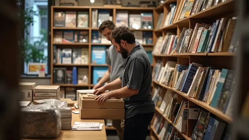 Buchhändlerin packt vor Ladenöffnung Kartons mit neuen Büchern aus