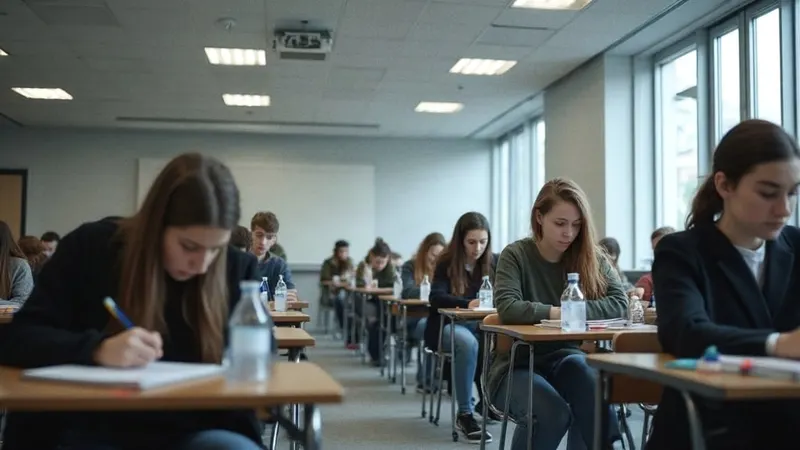 Prüfungssaal mit Einzeltischen, junge Erwachsene schreiben von hinten gesehen eine Klausur
