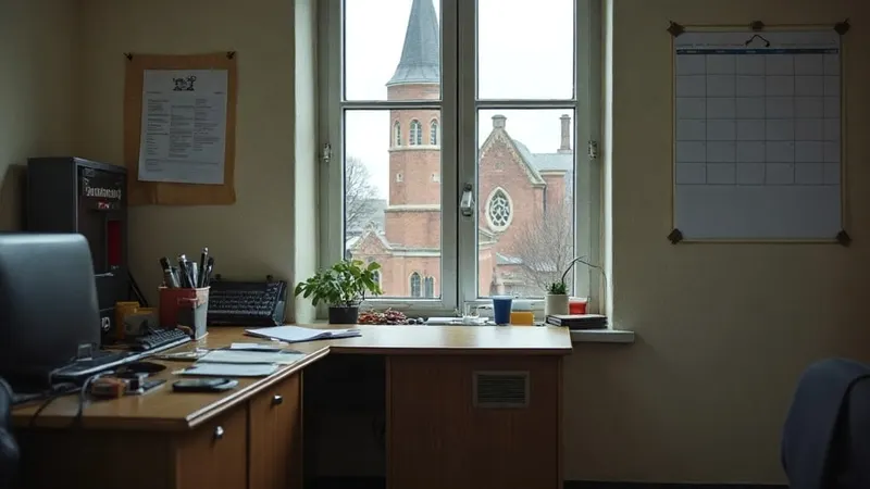 Gemeindebüro mit Schreibtisch und Aktenschränken, im Fenster der Kirchturm