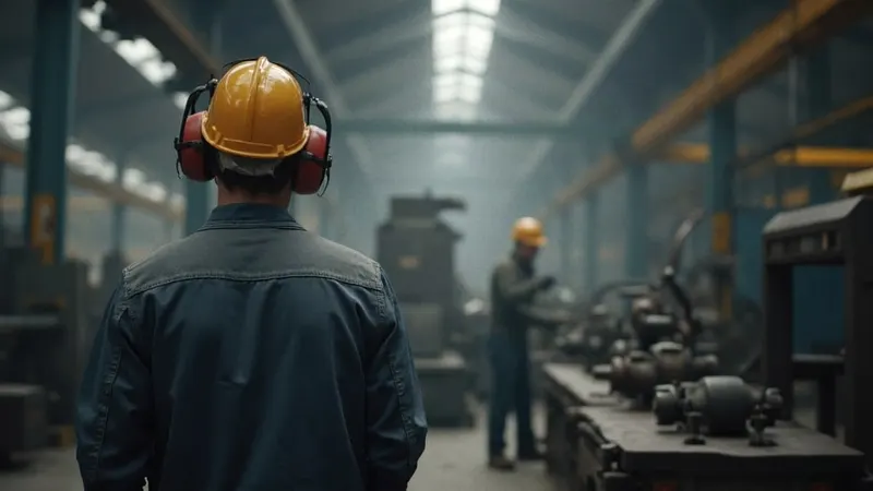 Arbeiter mit Gehörschutz an einer Maschine in einer Metallwerkhalle