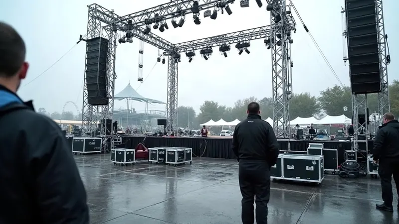 Aufbau einer Festivalbühne mit Traversen und Transportkisten, Techniker bei der Arbeit