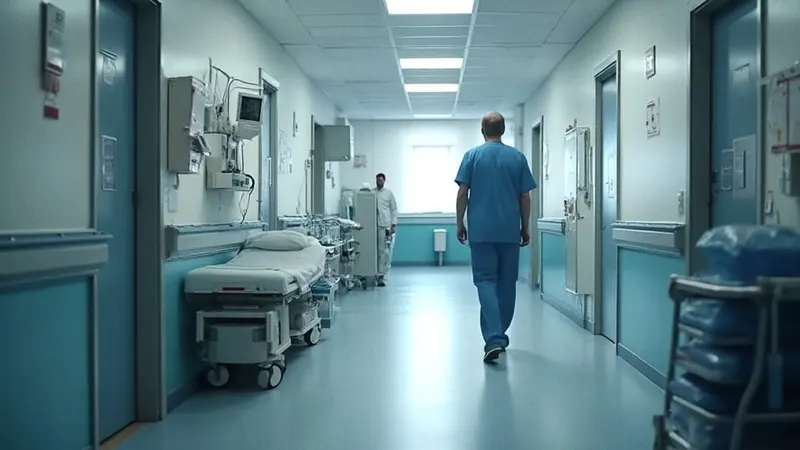 Klinikflur vor dem OP-Bereich mit Narkosewagen, eine Mitarbeiterin in OP-Kleidung geht weg