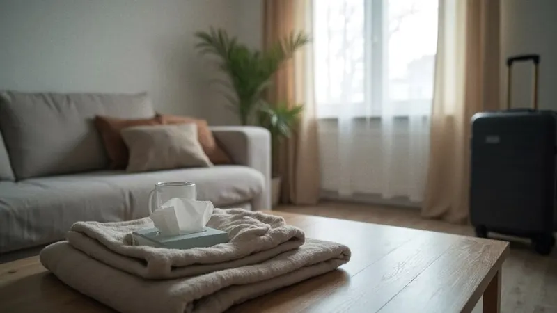 Wohnzimmer mit Sofa, Decke und Wasserglas, daneben ein gepackter Koffer an der Tür