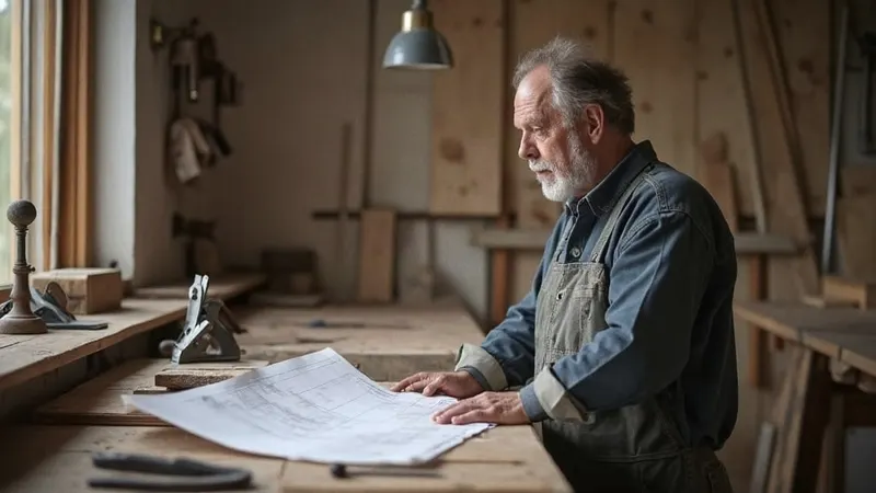 Handwerker studiert in einer Tischlerwerkstatt eine technische Zeichnung an der Hobelbank