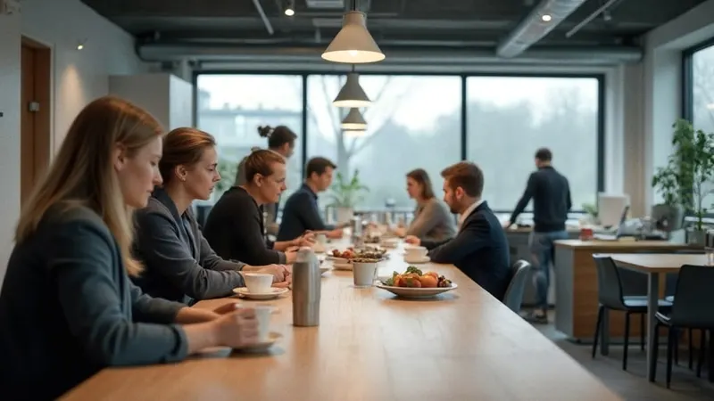 Mitarbeitende in der Büroküche während einer Kaffeepause, seitlich und von hinten