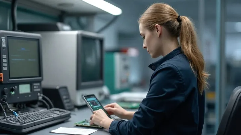 Ingenieurin von hinten an einer Werkbank mit Messgeräten im Elektroniklabor