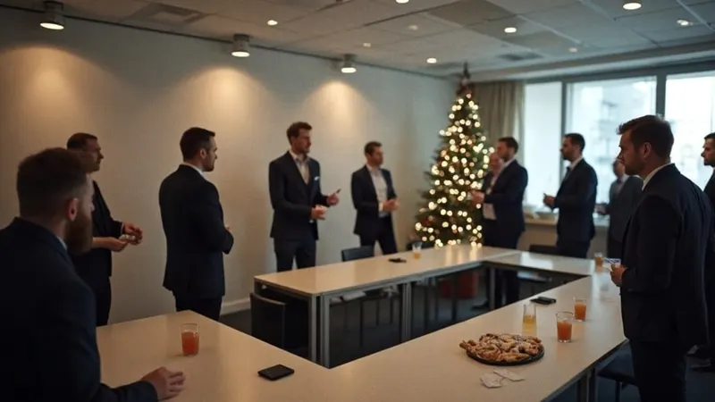 Kollegen von hinten an Stehtischen bei einer schlichten Weihnachtsfeier im Büro