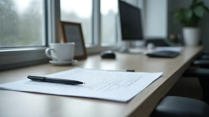 Schreibtisch mit Arbeitsvertrag, Kugelschreiber, Taschenrechner und Kaffeetasse im Büro