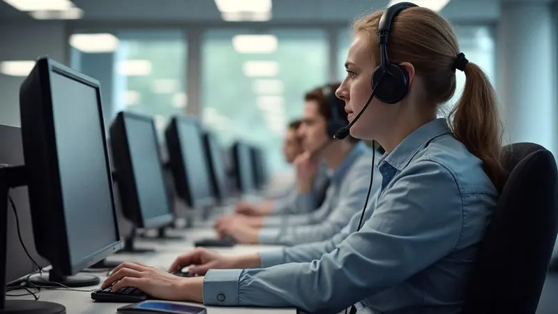 Telefonservice-Büro mit Arbeitsplätzen und Headsets, Mitarbeitende von hinten