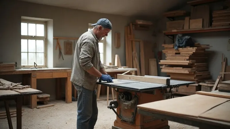 Tischlerwerkstatt mit Kreissäge und Holzstapeln, ein Tischler arbeitet im Hintergrund